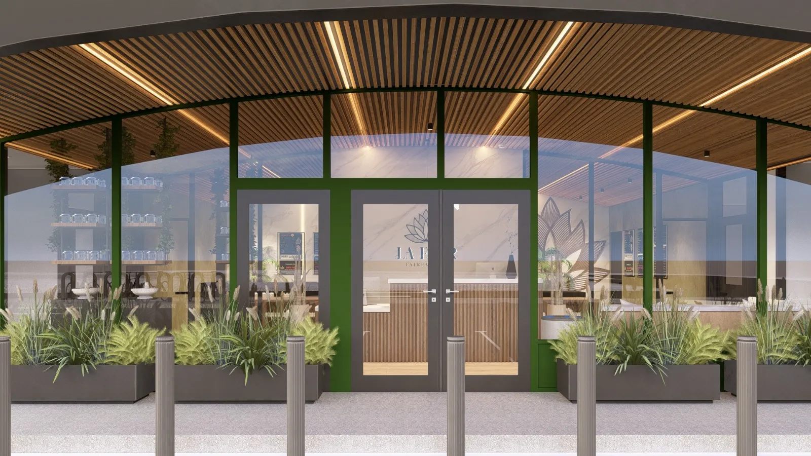 The entrance to La Flōr on Sir Francis Drake Boulevard, with planters, bollards, and a lit wood-slat canopy overhead.
