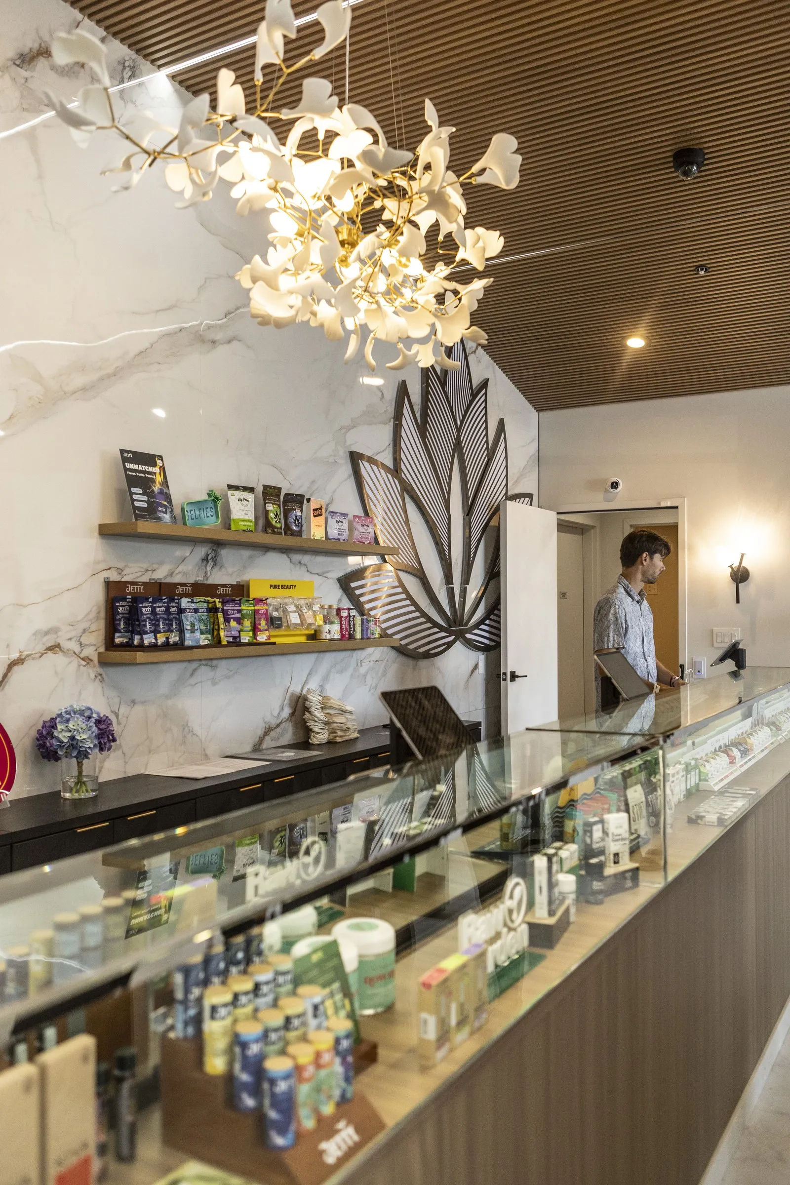 Lit display cases running the length of the marble and walnut counter.