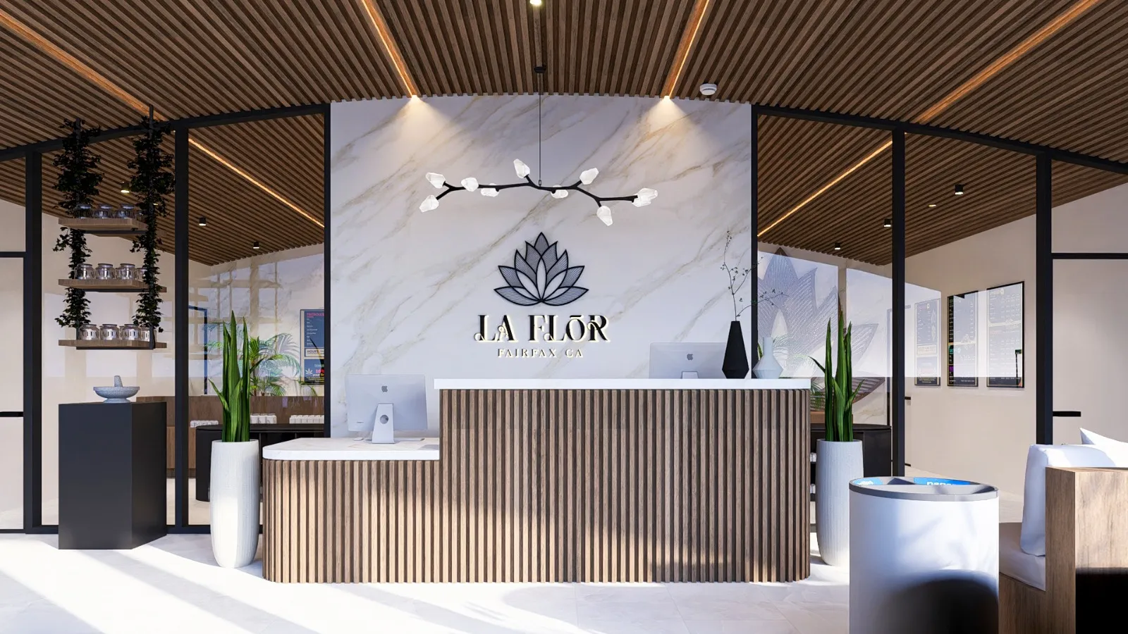 Inside La Flōr: fluted walnut millwork and open shelving beneath a slatted wood ceiling, with daylight from the glass frontage.