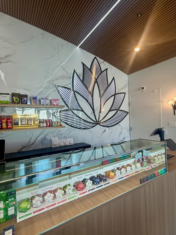 Close on La Flōr's metal lotus sculpture above a curated display case of products.