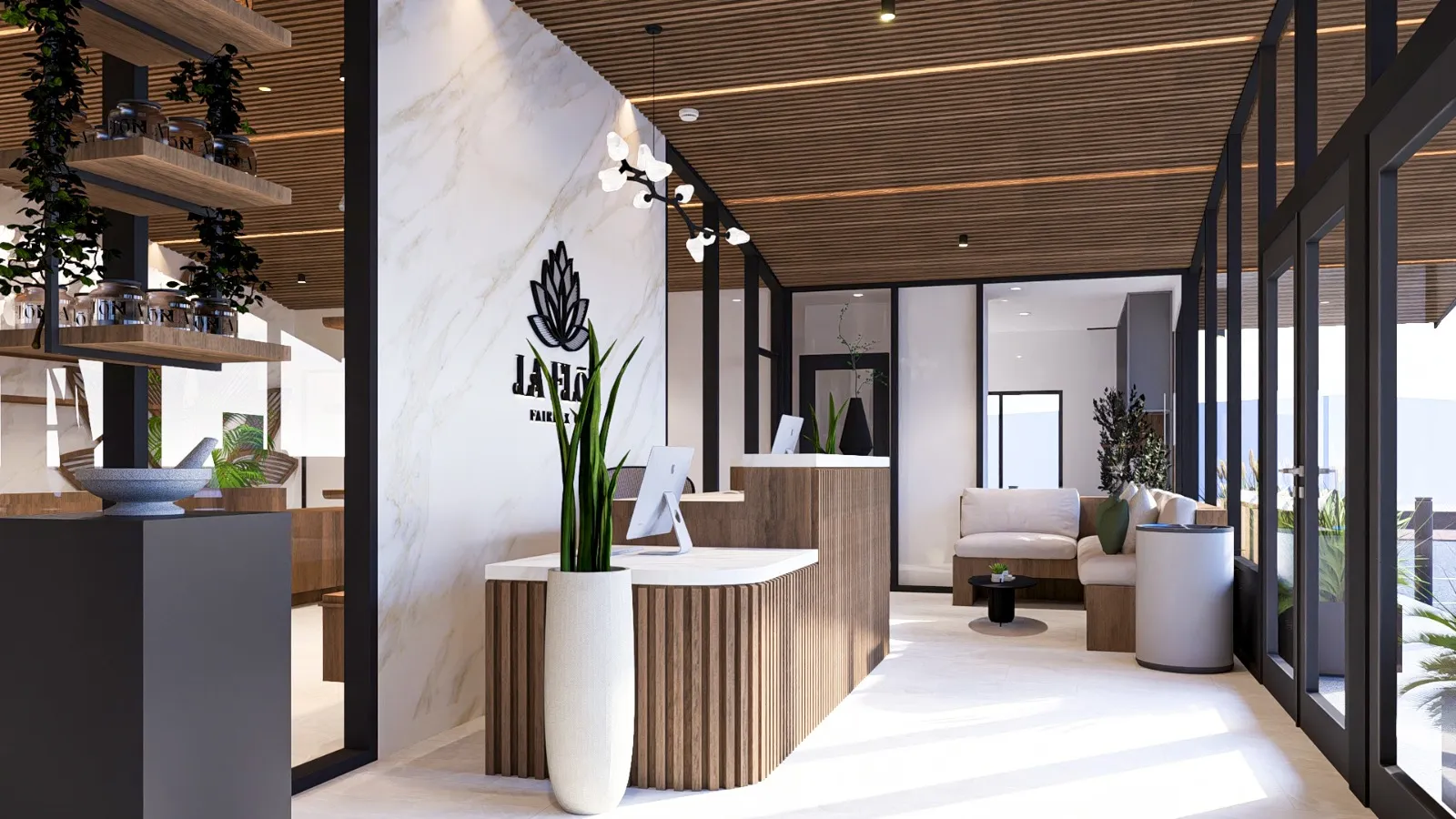 The La Flōr reception and lobby: a fluted walnut counter against a white marble wall bearing the lotus mark, under a slatted wood ceiling, with a sunlit seating nook beyond.