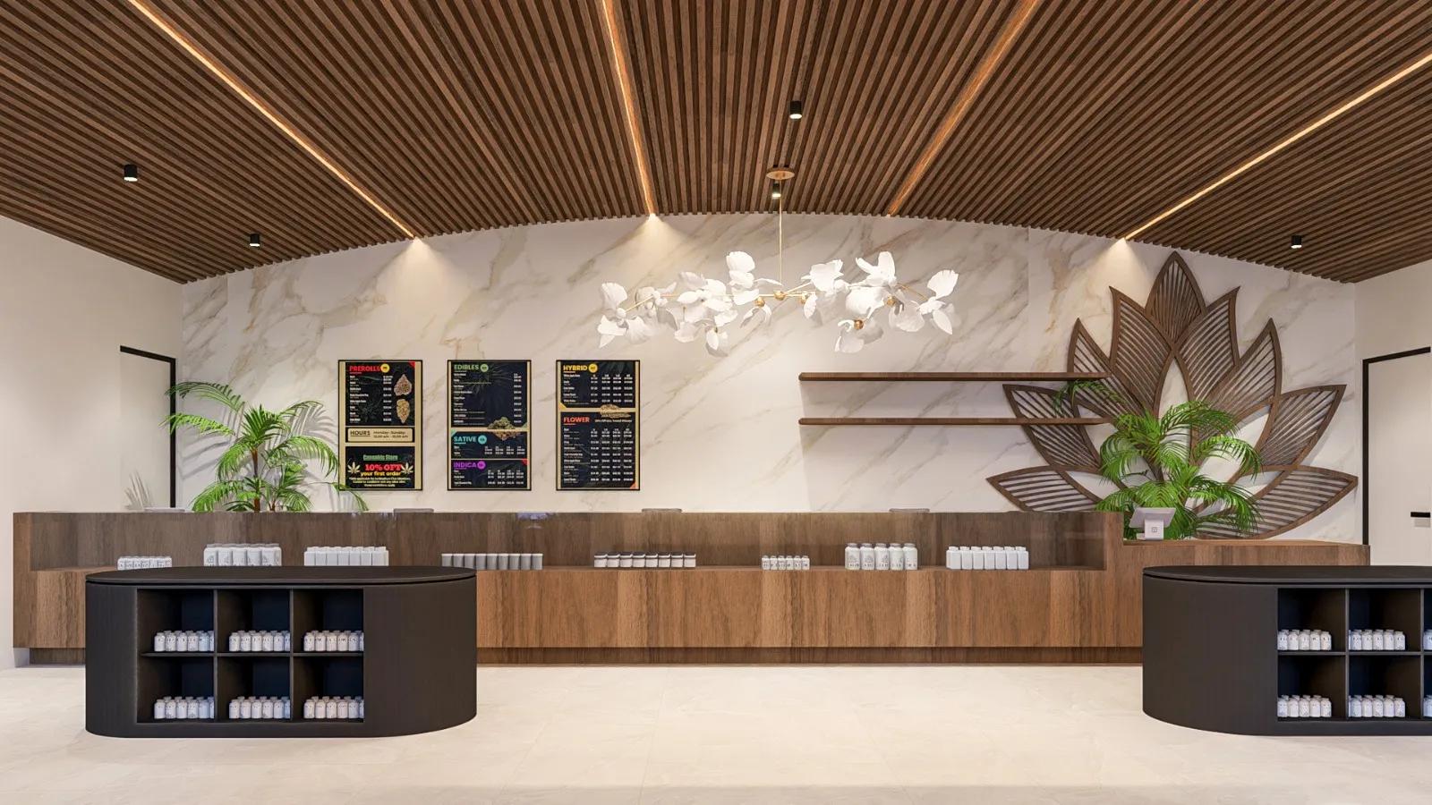 The La Flōr sales counter, with product displayed on open walnut shelving beneath warm downlights.
